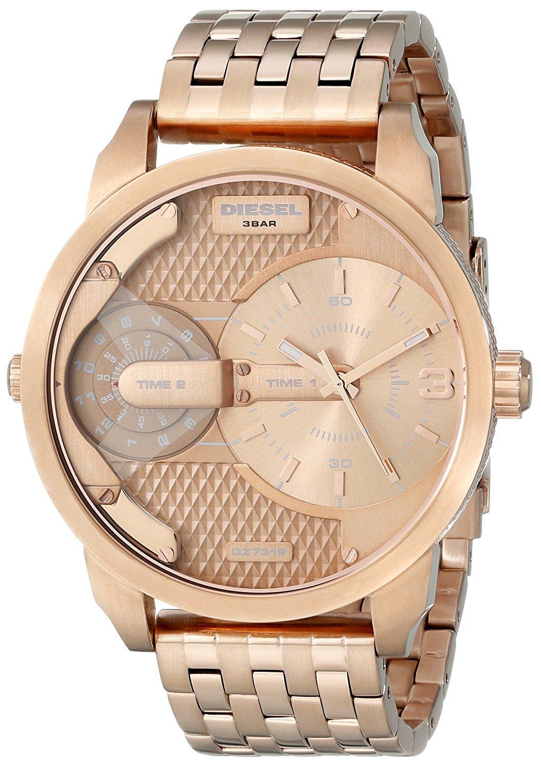 Diesel Mini Daddy DZ7318 rose gold men's watch with dual time zone dial and steel bracelet