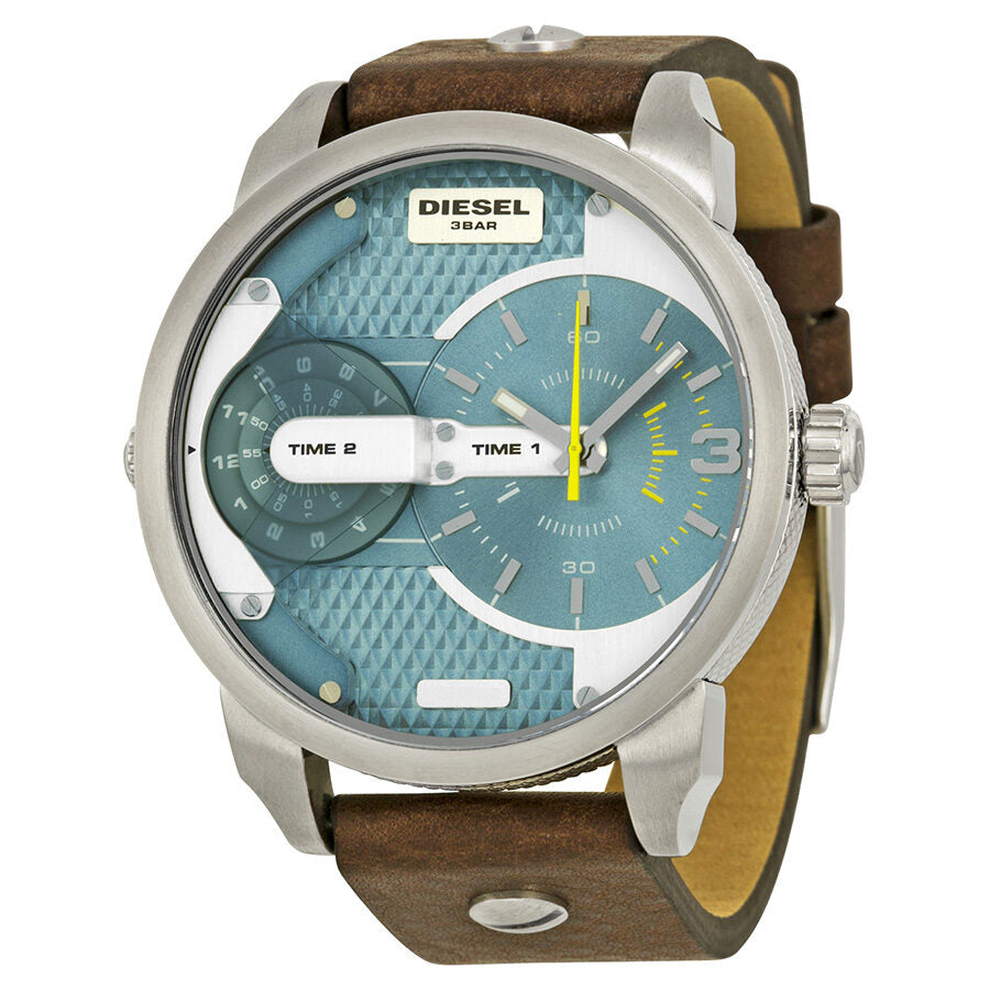 Diesel Mini Daddy watch with blue dual time dial, steel case, and brown leather strap
