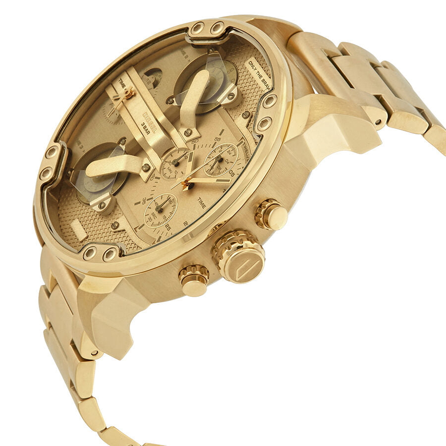 Diesel Mr. Daddy 2.0 gold watch angled view showing oversized case and dual time displays