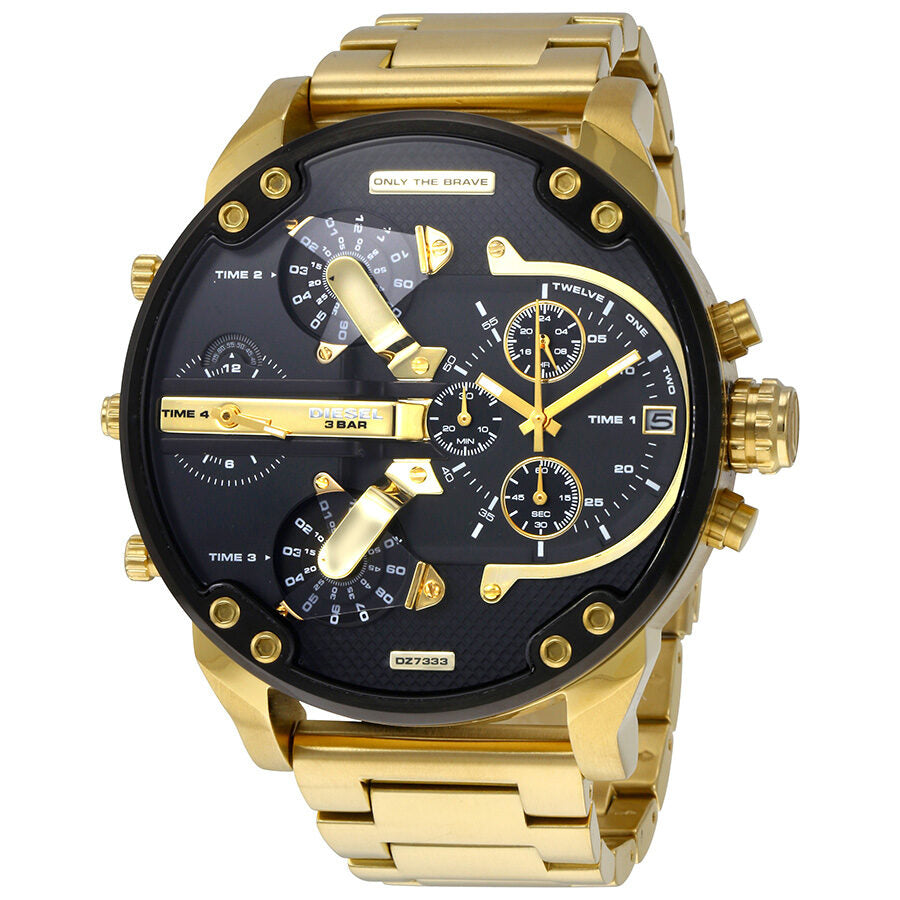 Diesel Mr. Daddy 2.0 chronograph watch with black dial and gold-tone case and bracelet