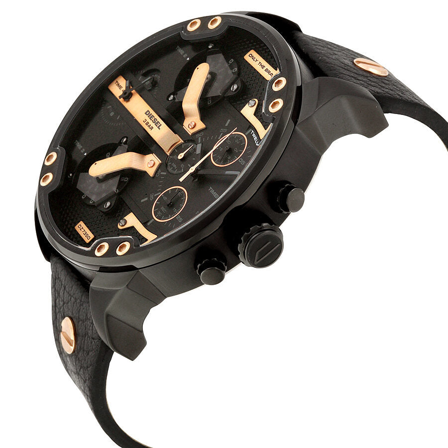 Side angle view of Diesel Mr. Daddy 2.0 chronograph watch with black leather strap
