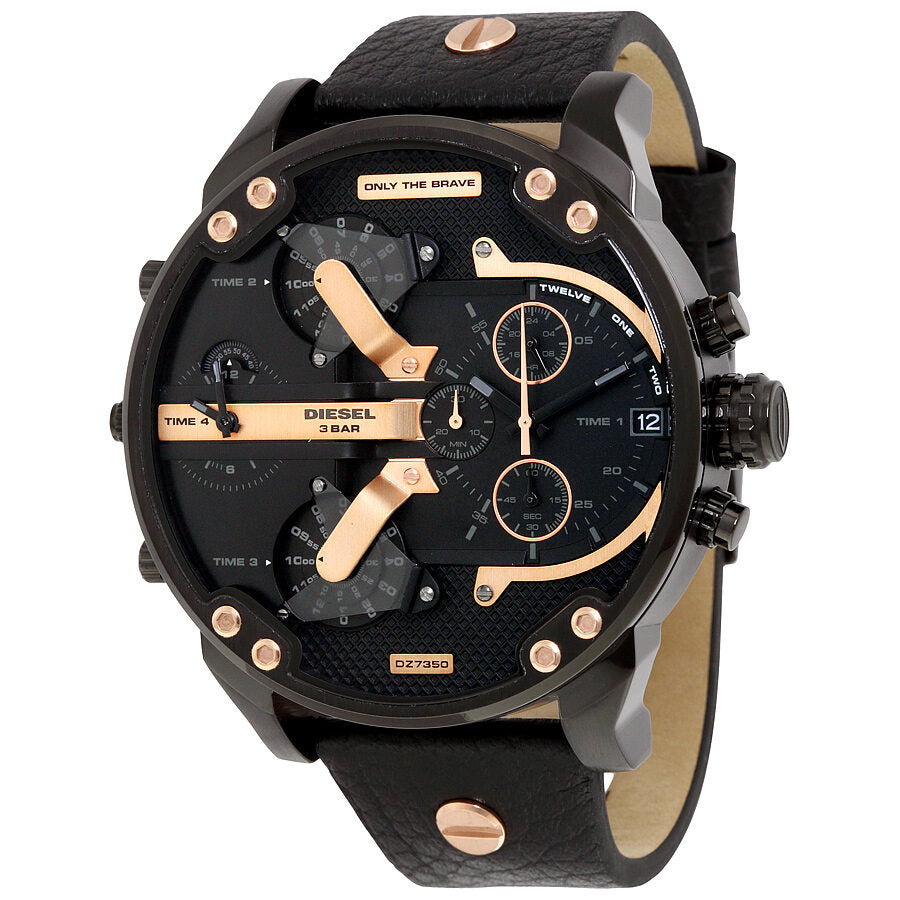 Diesel Mr. Daddy 2.0 chronograph watch with black dial and rose gold hands and accents