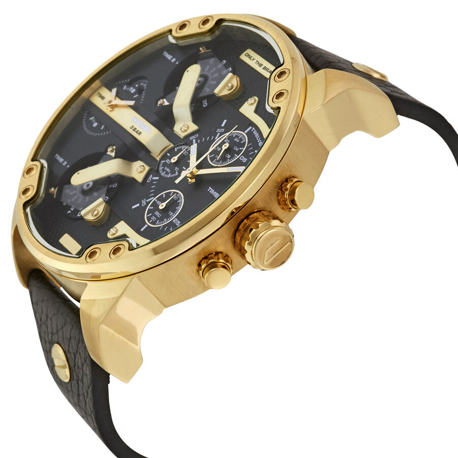 Side angle view of Diesel Mr. Daddy 2.0 watch showing gold case and black leather strap