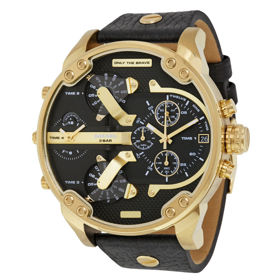 Diesel Mr. Daddy 2.0 chronograph watch with black dial, gold-tone case, and black leather strap