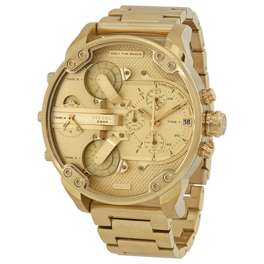 Diesel Mr. Daddy 2.0 all-gold chronograph watch with dual oversized dials and textured face