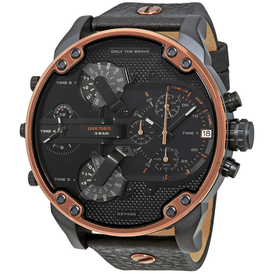 Diesel Mr. Daddy 2.0 chronograph watch front view with black dial and bronze bezel