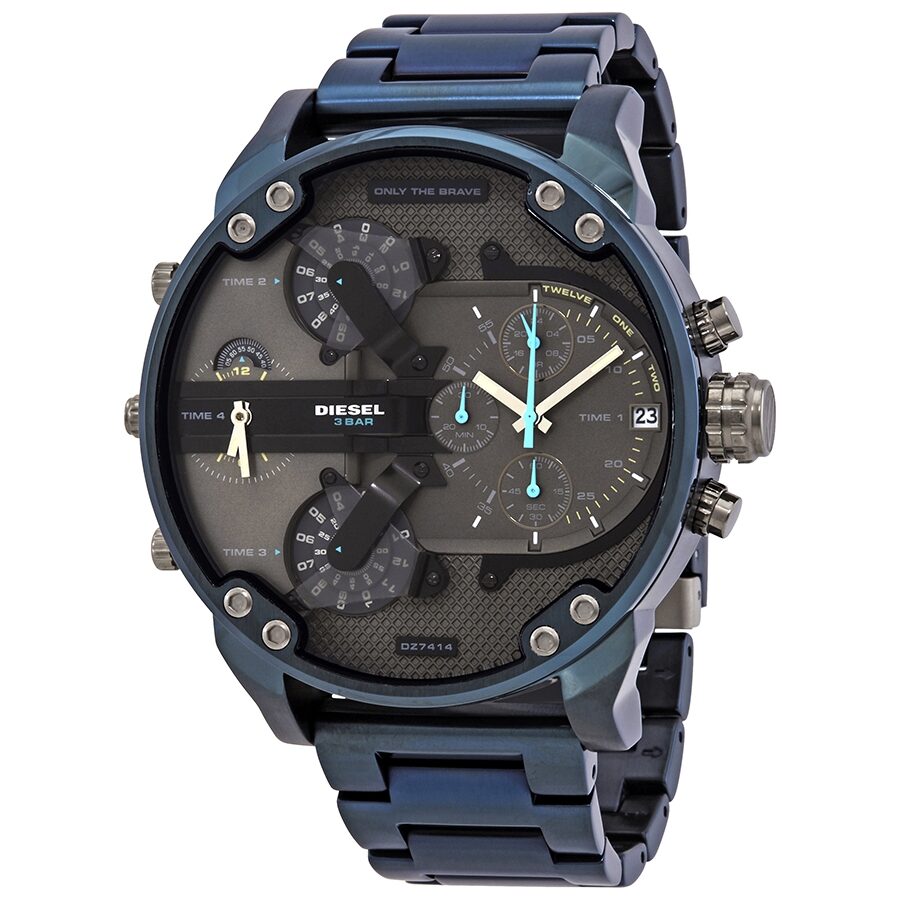 Diesel Mr. Daddy 2.0 chronograph watch with grey dial, blue-tone steel case and bracelet, dual time zone subdials