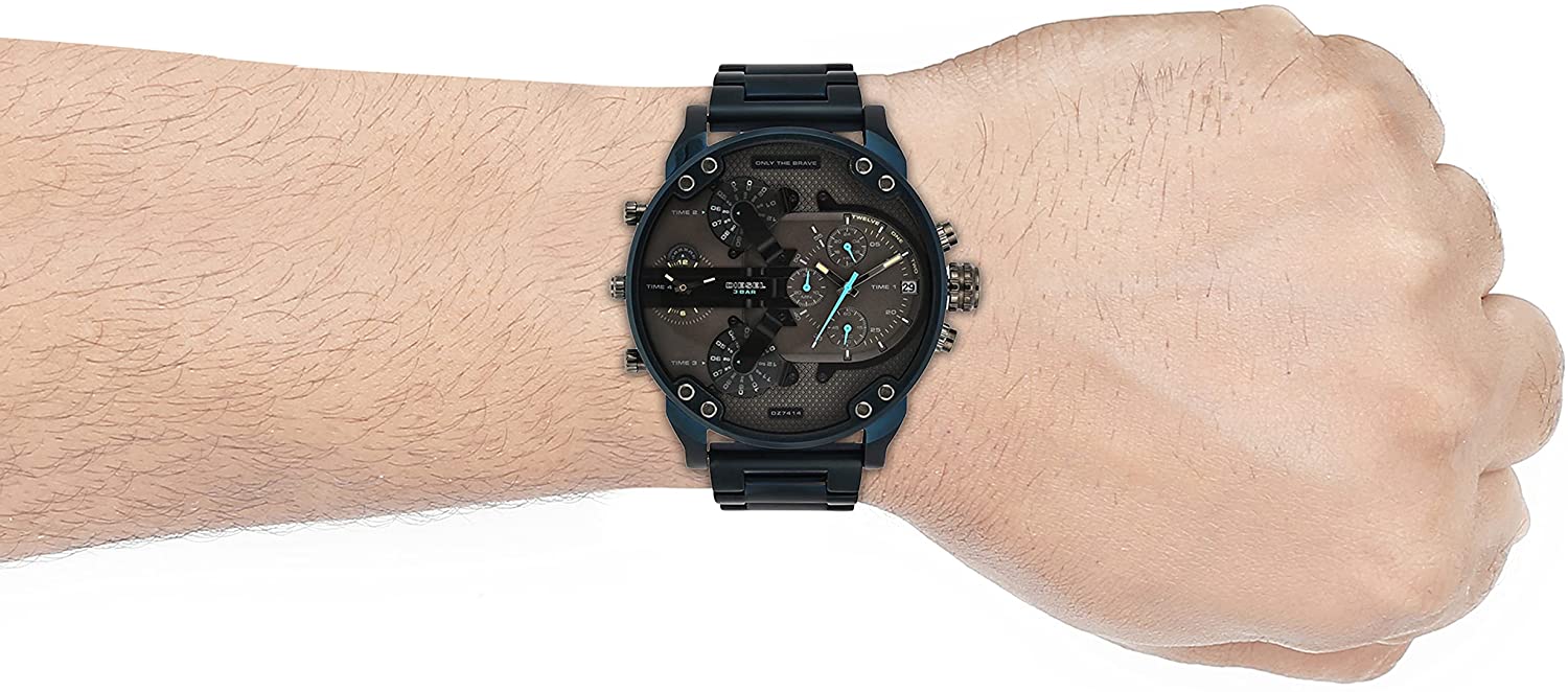 Diesel Mr. Daddy 2.0 chronograph watch worn on wrist showing grey dial and blue-tone bracelet