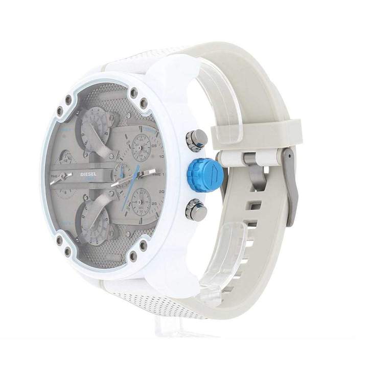 White Diesel Mr. Daddy 2.0 watch with gray dial at 45-degree angle showing side profile