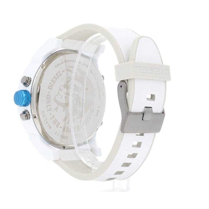 Diesel Mr. Daddy 2.0 caseback showing transparent exhibition back and white strap