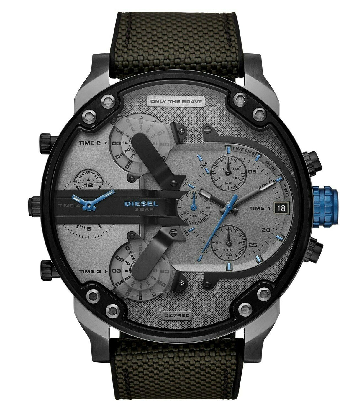 Diesel Mr. Daddy 2.0 chronograph watch front view with dual time zones and blue pushers