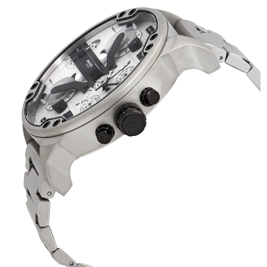 Diesel Mr. Daddy 2.0 angled view showing white dial, chronograph subdials, and silver metal bracelet