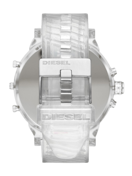 Diesel Mr Daddy 2.0 caseback view showing stainless steel back with Diesel branding and clear silicone/nylon strap