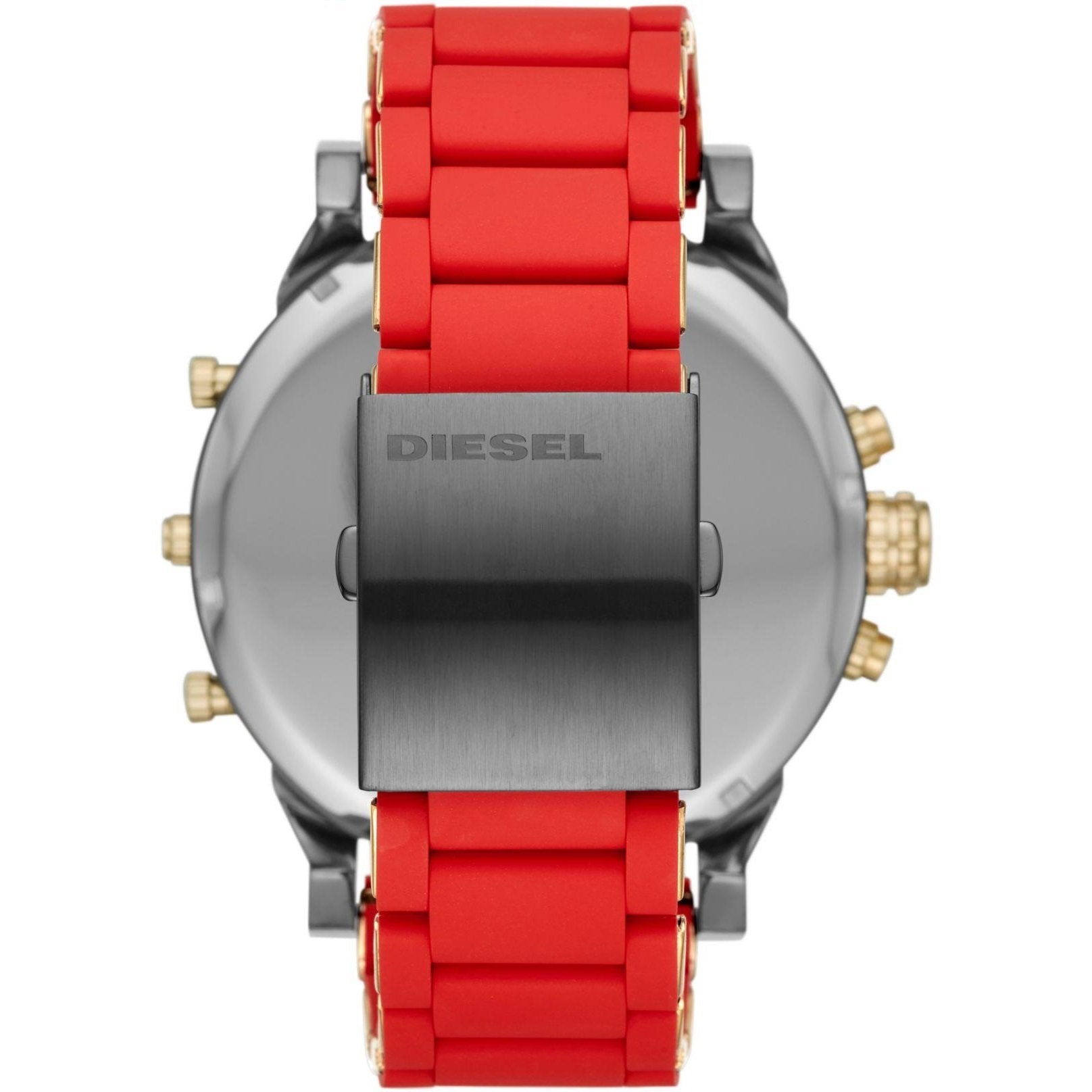 Caseback view of Diesel Mr Daddy 2.0 watch showing red strap and stainless steel case back