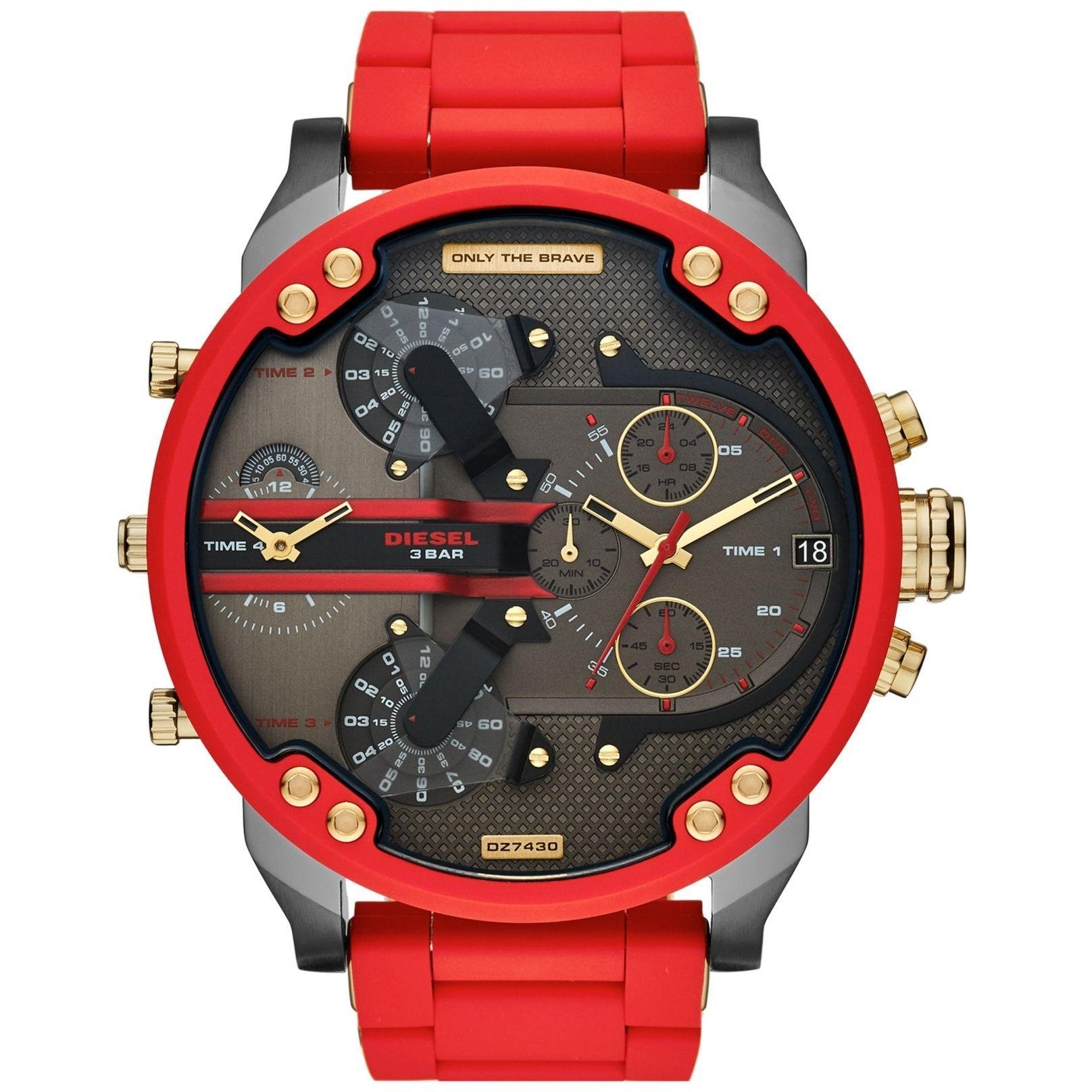 Diesel Mr Daddy 2.0 watch with red case, black dial, dual time displays, and red strap