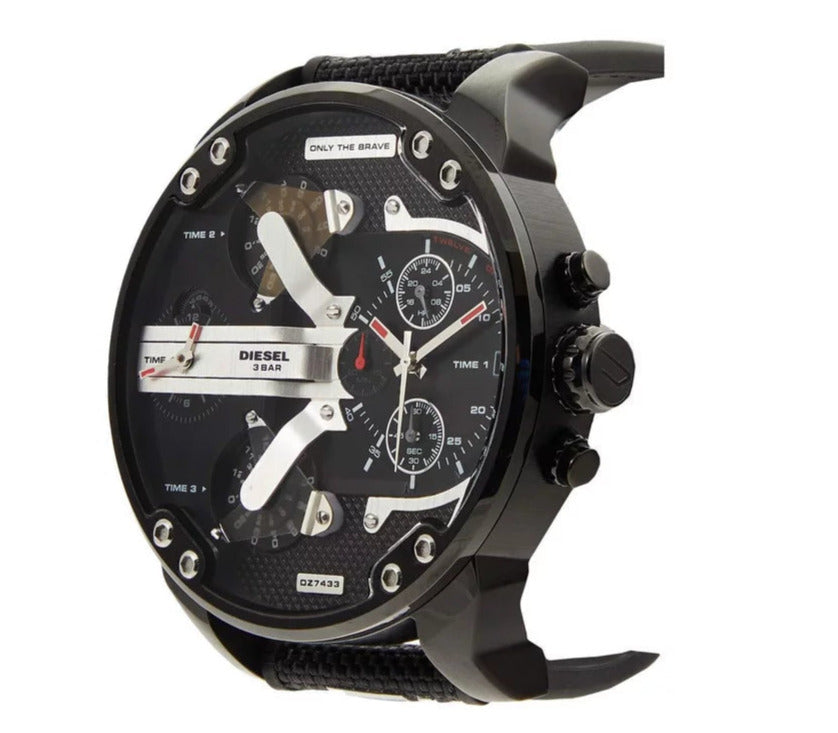 Diesel Mr. Daddy 2.0 watch side view showing black case, dial, and textile strap with red stitching