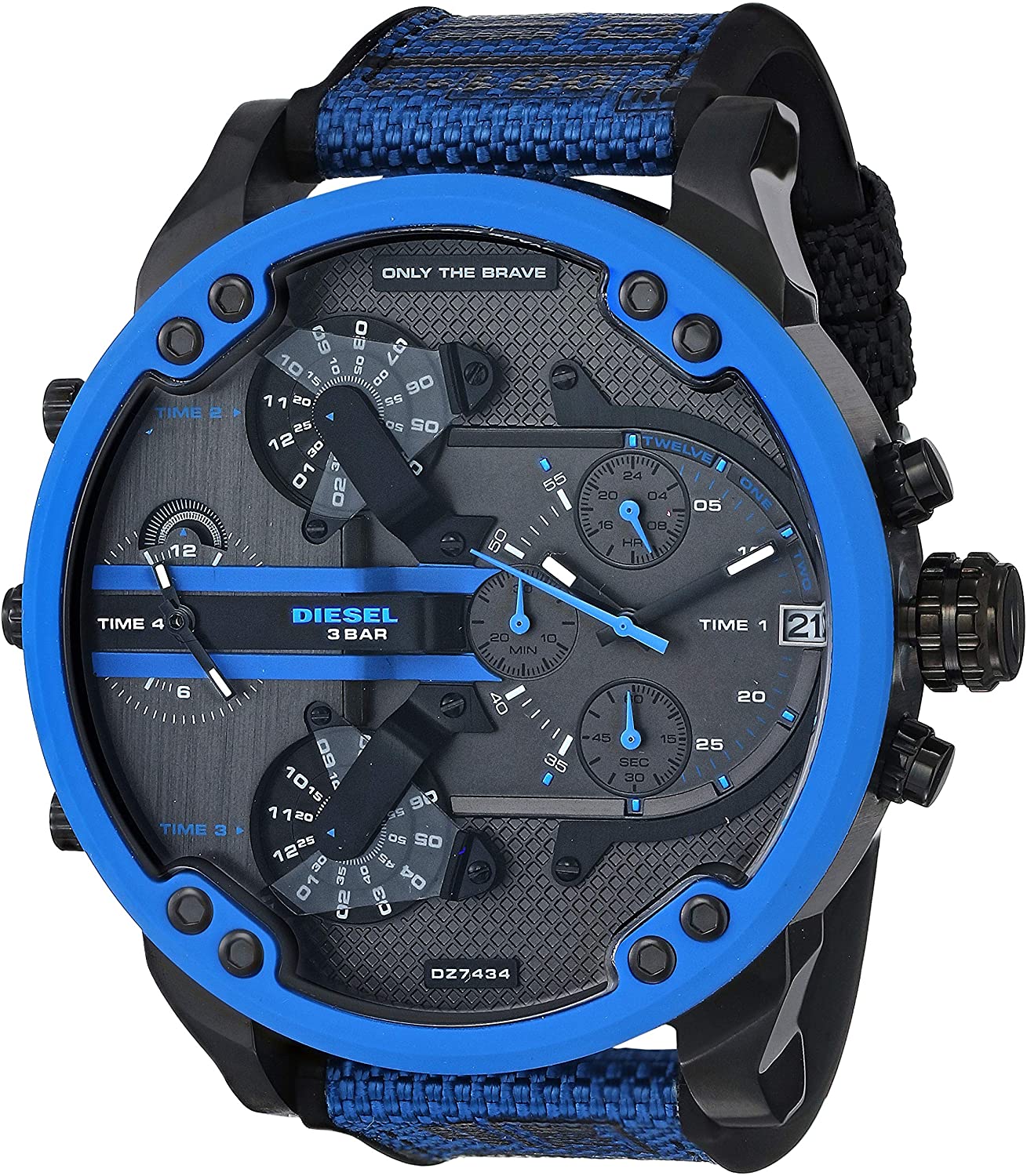 Diesel Mr. Daddy 2.0 DZ7434 chronograph watch with blue bezel, black dial, and blue rubber strap