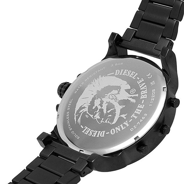 Diesel Mr. Daddy 2.0 DZ7463 caseback engraved with 'Only the Brave' lion logo and specifications
