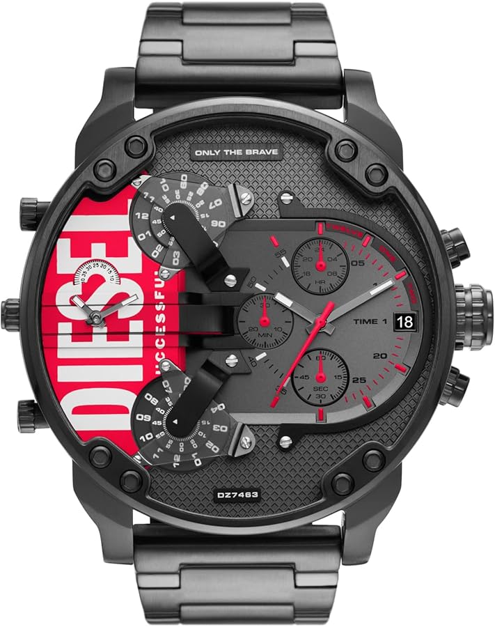 Diesel Mr. Daddy 2.0 DZ7463 black dial chronograph watch with red accents and dual time displays