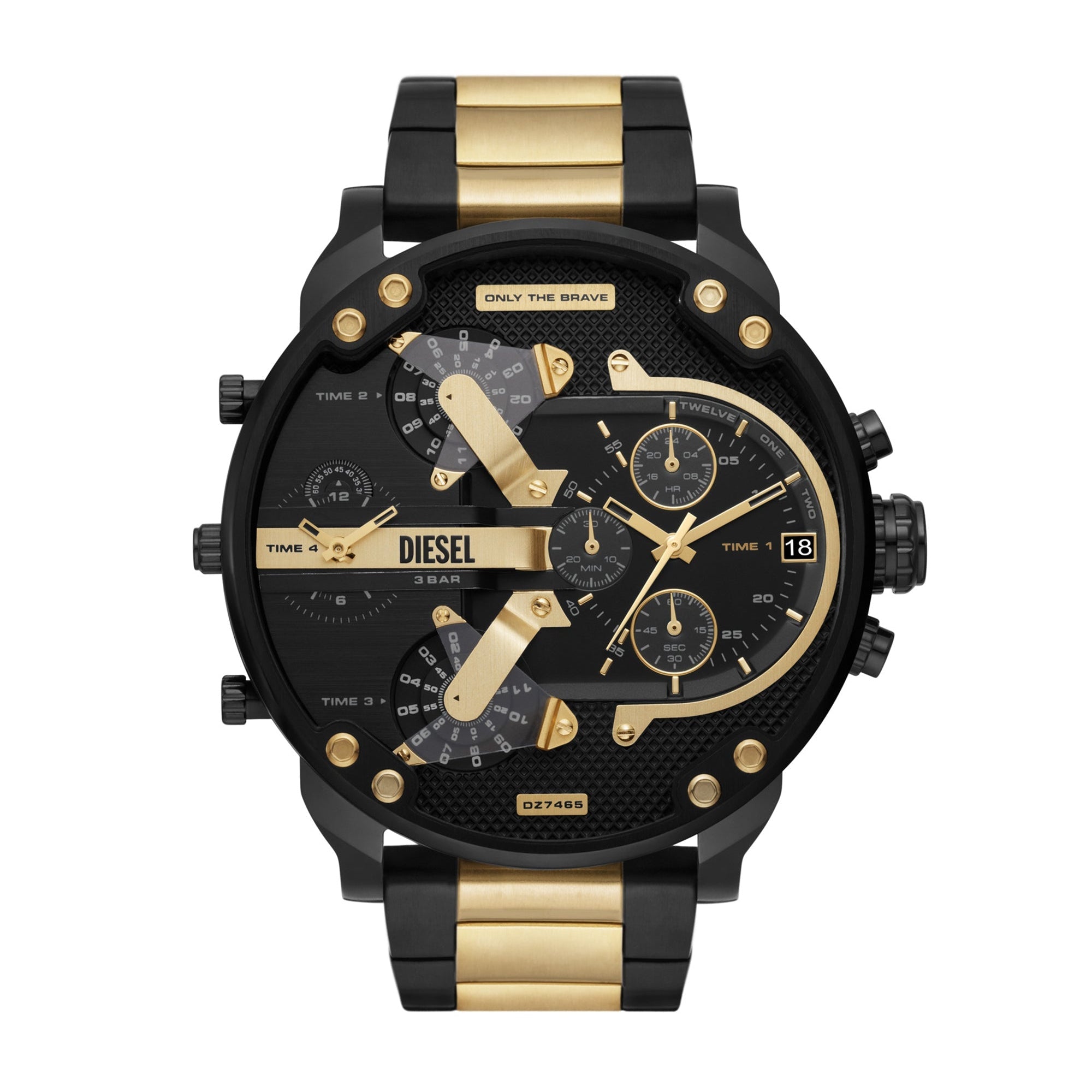 DIESEL Mr. Daddy 2.0 chronograph watch with black dial, gold and black stainless steel two-tone design, front view