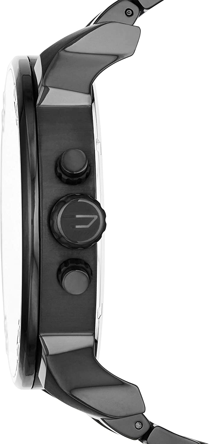 Side view of Diesel Mr Daddy watch showing black stainless steel case and bracelet