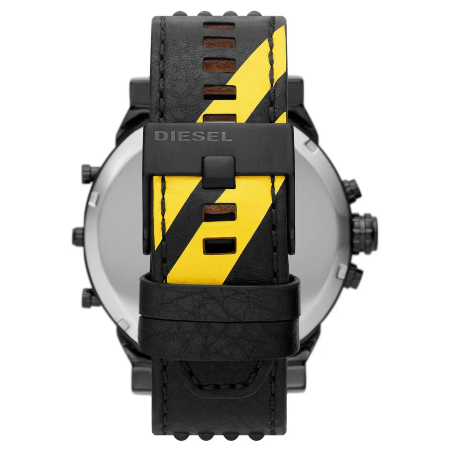 Diesel Mr. Daddy DZ7451 caseback showing black case with yellow and black striped pattern design
