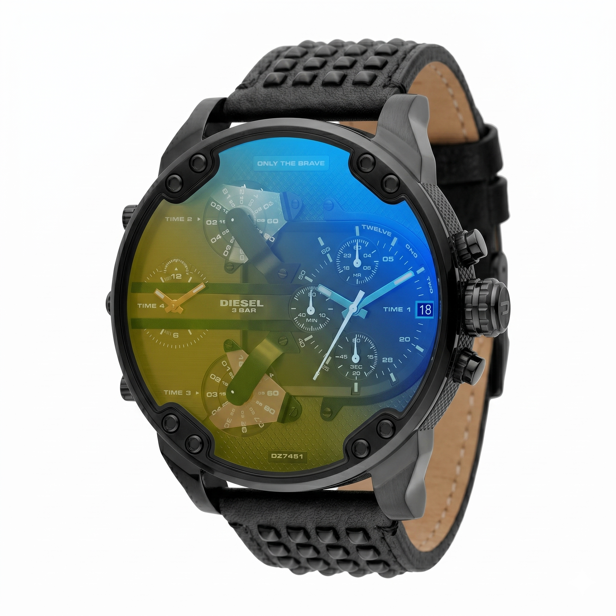 Diesel Mr. Daddy DZ7451 chronograph with split dual-time dial in blue and olive tones, black leather strap