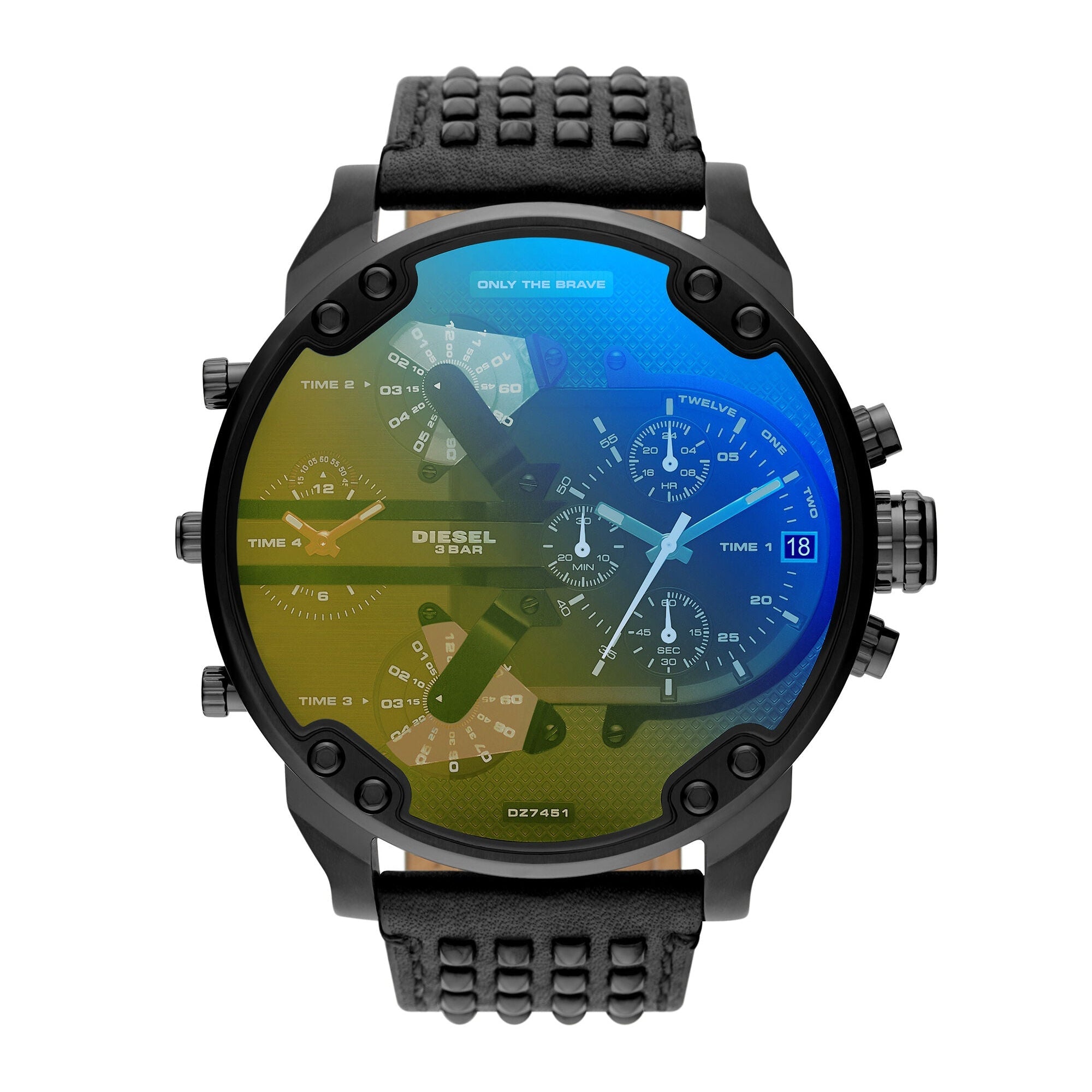 Diesel Mr. Daddy DZ7451 chronograph watch front view with multi-color dial and textured black leather strap