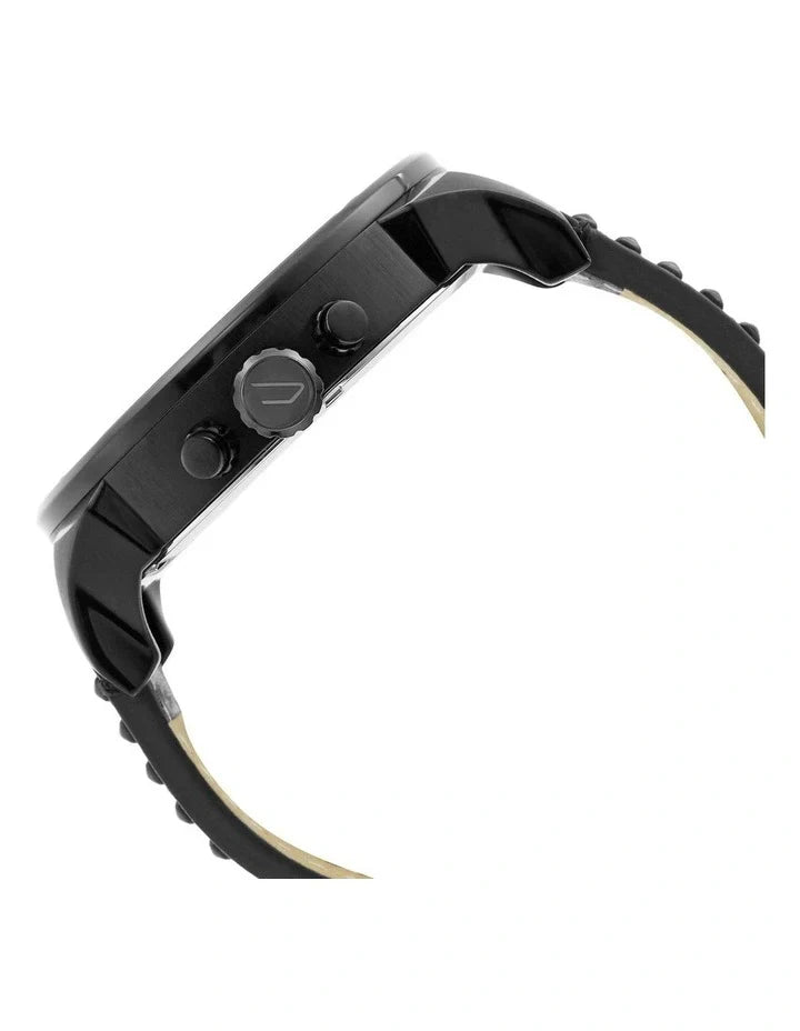 Diesel Mr. Daddy DZ7451 side profile showing black steel case and yellow black leather strap