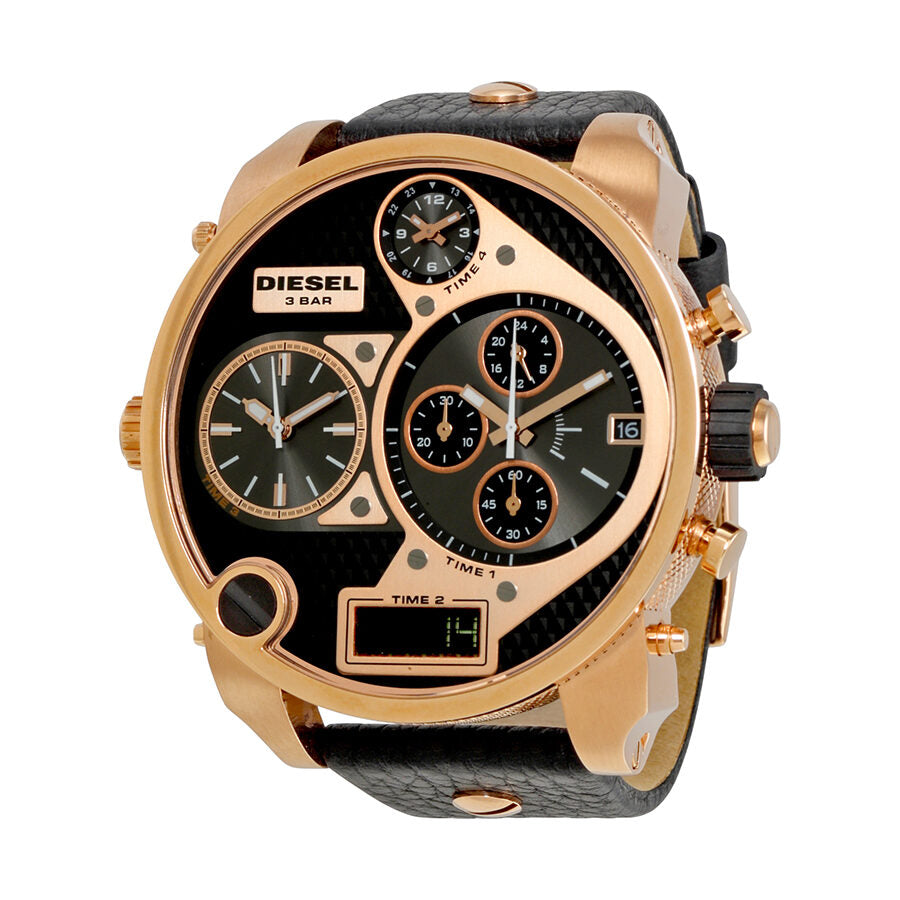 Diesel My Daddy DZ7261 four time zone dial rose gold men's watch with black leather strap