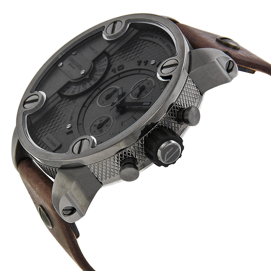 Diesel Only The Brave chronograph watch angled side view showing brown leather strap and pushers