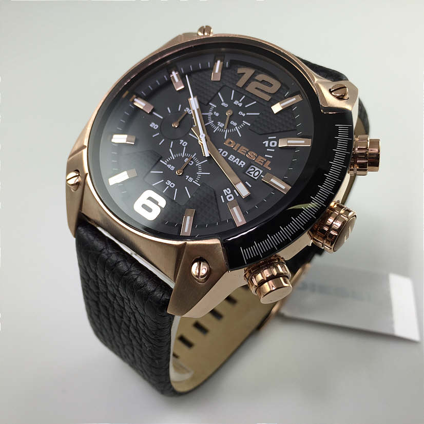 Diesel Overflow chronograph with black dial showing 10 bar water resistance