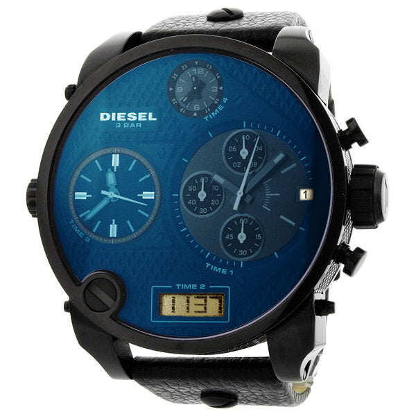 Diesel SBA chronograph watch with blue iridescent dial, dual analog faces, digital display, and black strap
