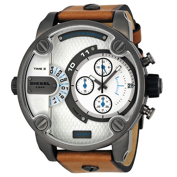 Diesel SBA dual time chronograph with gunmetal ion-plated case, white dial, brown leather strap