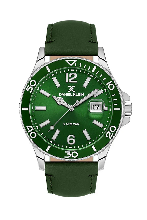 Daniel Klein green dial watch with silver case, date window, and green leather strap