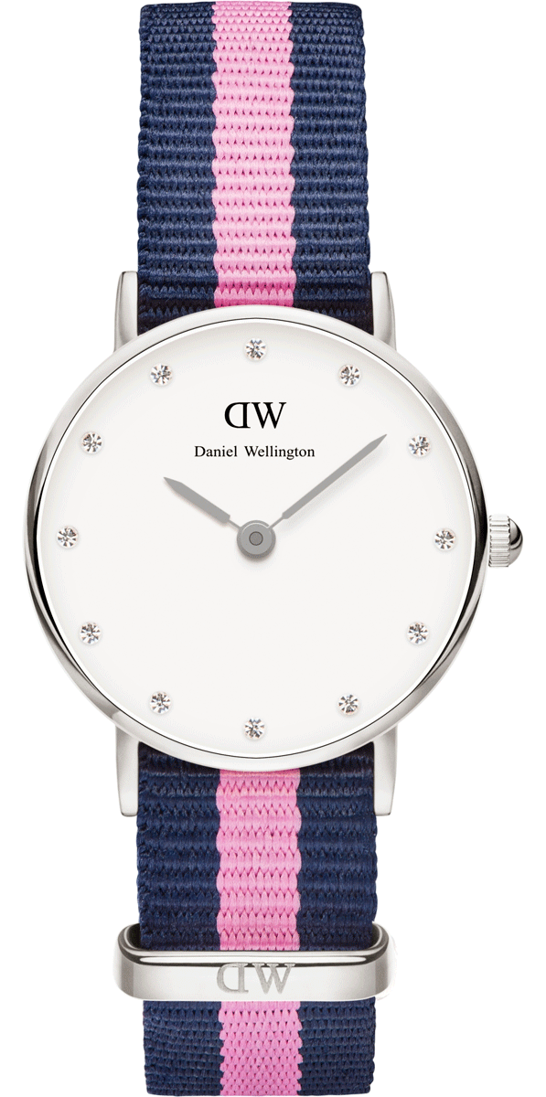Daniel Wellington Classy Winchester women's watch with white dial and navy-pink striped NATO strap
