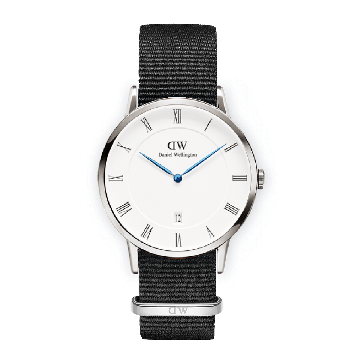 Overhead angle view of Daniel Wellington Dapper Cornwall watch showing white dial and black nylon band
