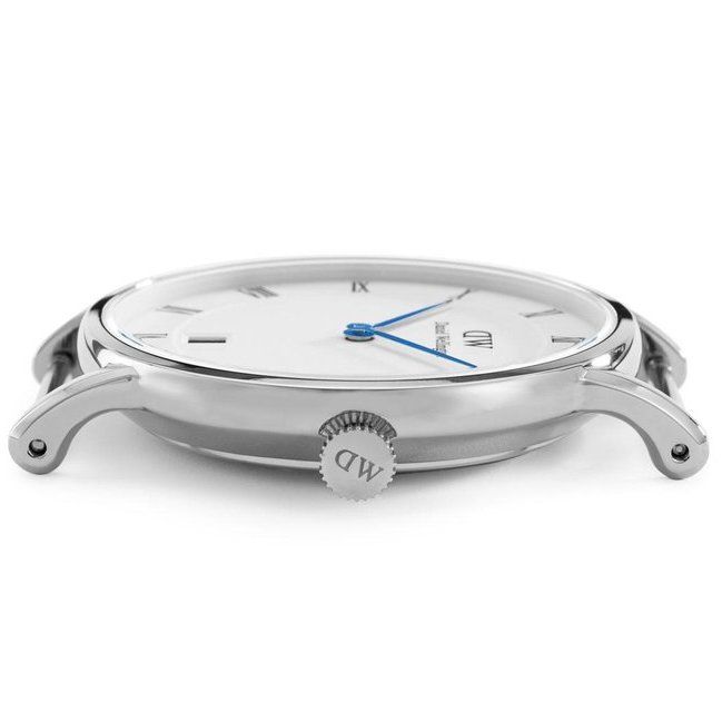 Daniel Wellington Dapper Cornwall watch laid flat showing full case and dial with black nylon strap
