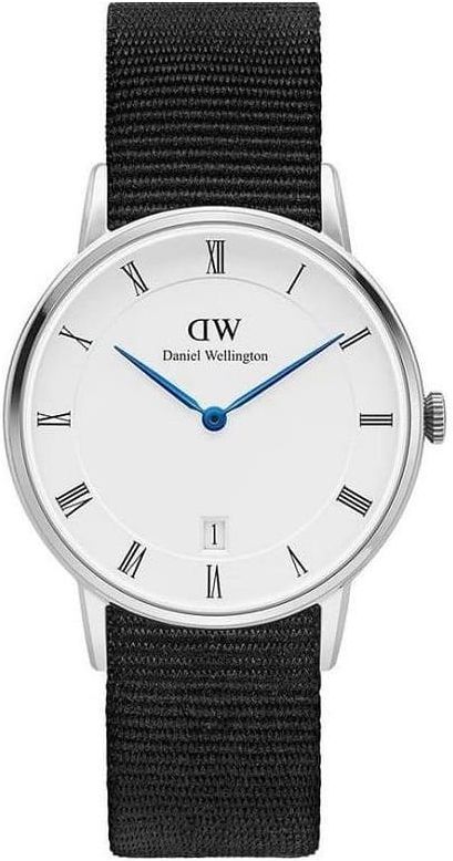 Daniel Wellington Dapper Cornwall women's watch with white dial, roman numerals, blue hands, and black nylon strap