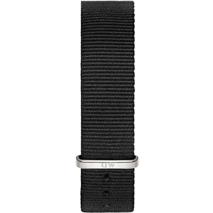 Black nylon strap detail of Daniel Wellington Dapper Cornwall watch with DW buckle