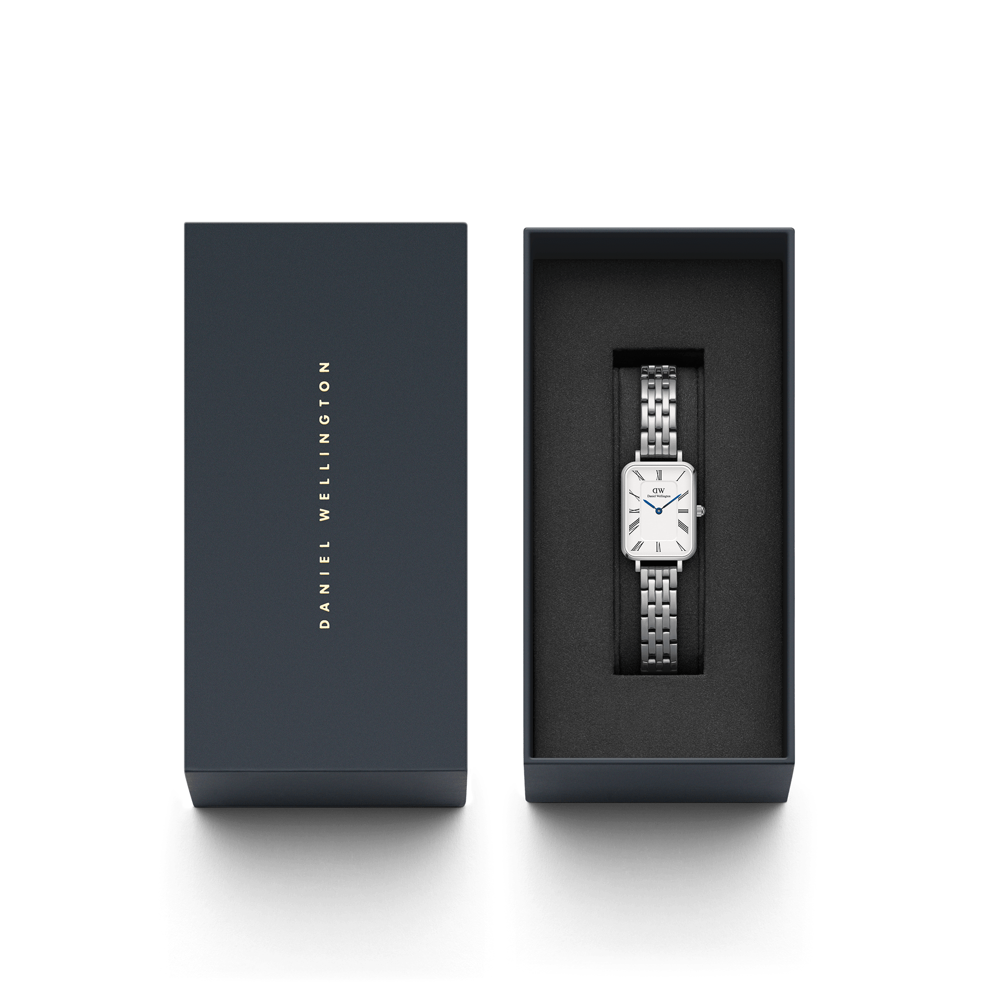 Daniel Wellington Quadro women's watch in branded gift box packaging with watch visible inside