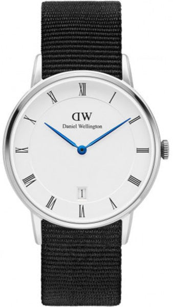 Daniel Wellington Dapper Cornwall men's watch with white dial, roman numerals, blue hands, and black nylon strap