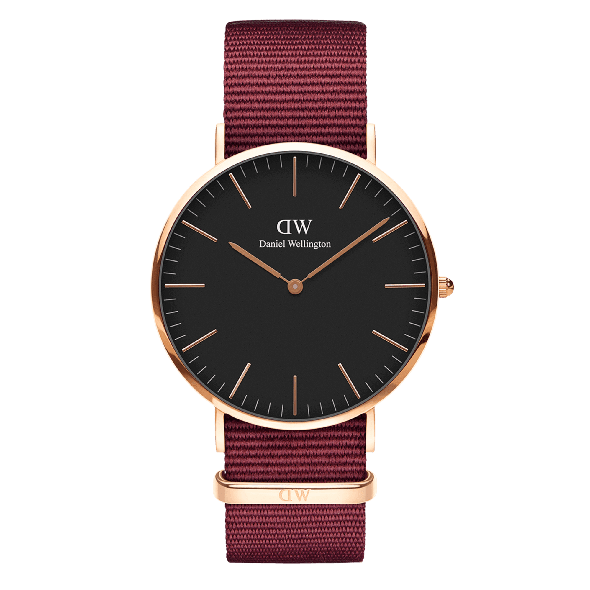 Daniel Wellington DW00100269 watch with black dial, rose gold case, and burgundy fabric band