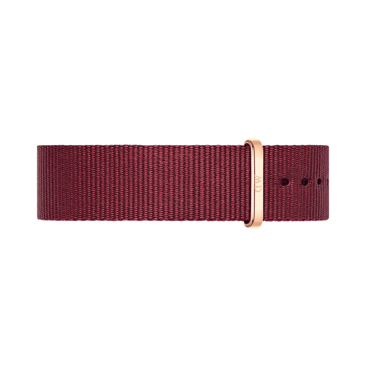 Burgundy woven fabric strap with rose gold hardware and adjustment holes
