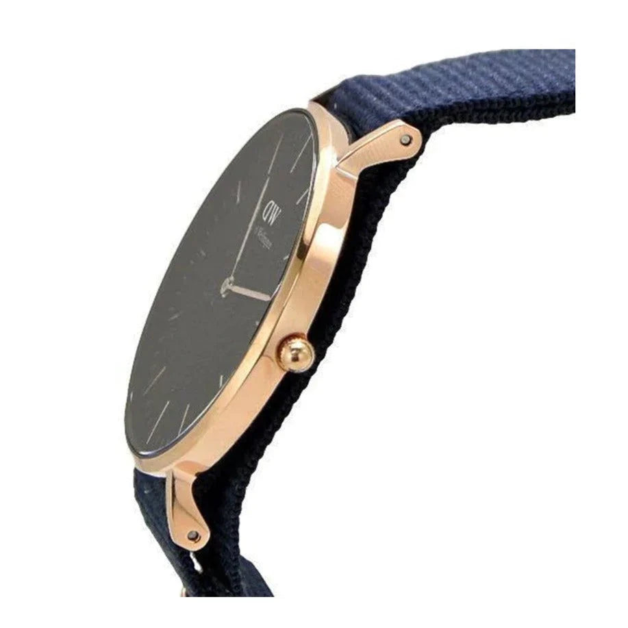 Daniel Wellington Classic Bayswater watch side profile showing rose gold case and black NATO strap