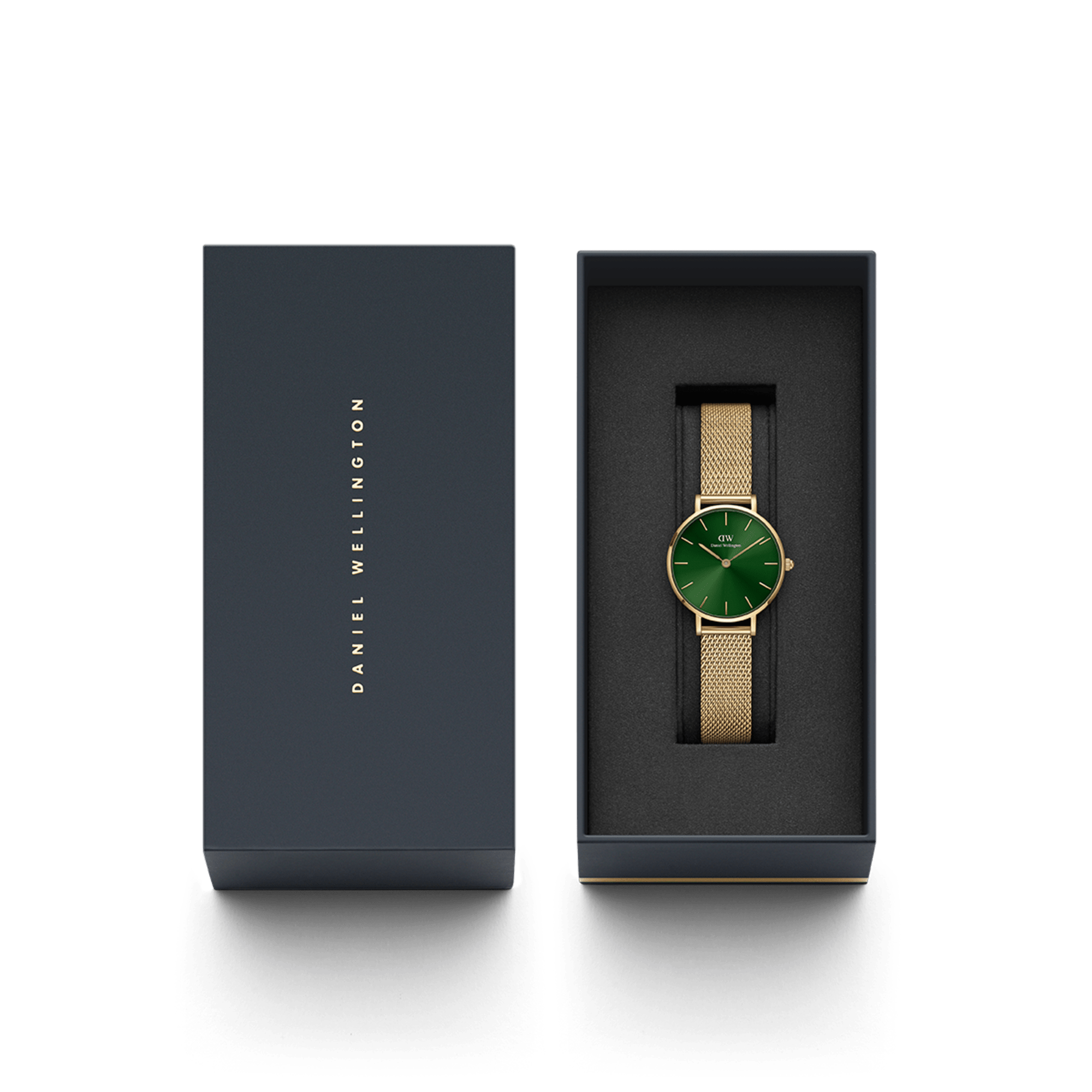 Daniel Wellington Petite Emerald watch in brand packaging box with green dial