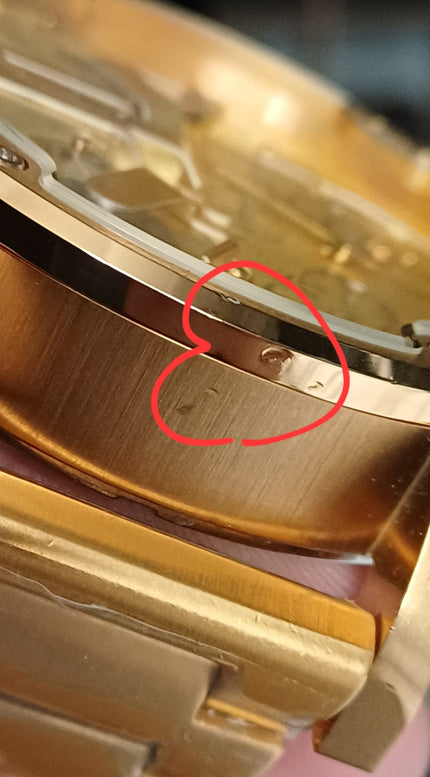 Close-up detail of case dent defect on Diesel Mr. Daddy 2.0 chronograph