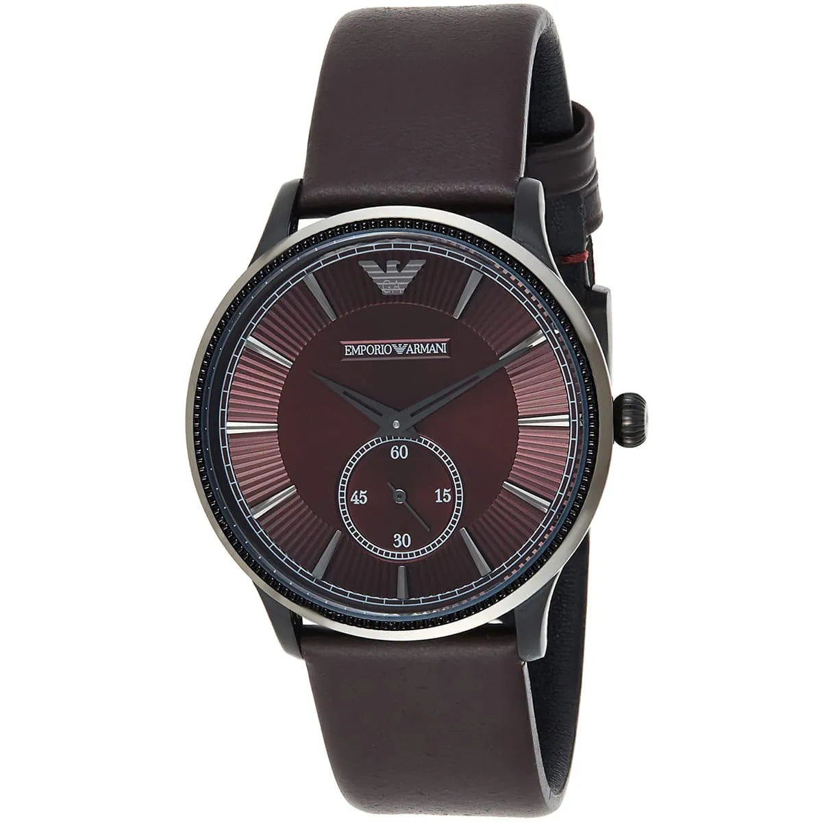Angled view of Emporio Armani Alpha AR1801 watch showing black case and burgundy dial