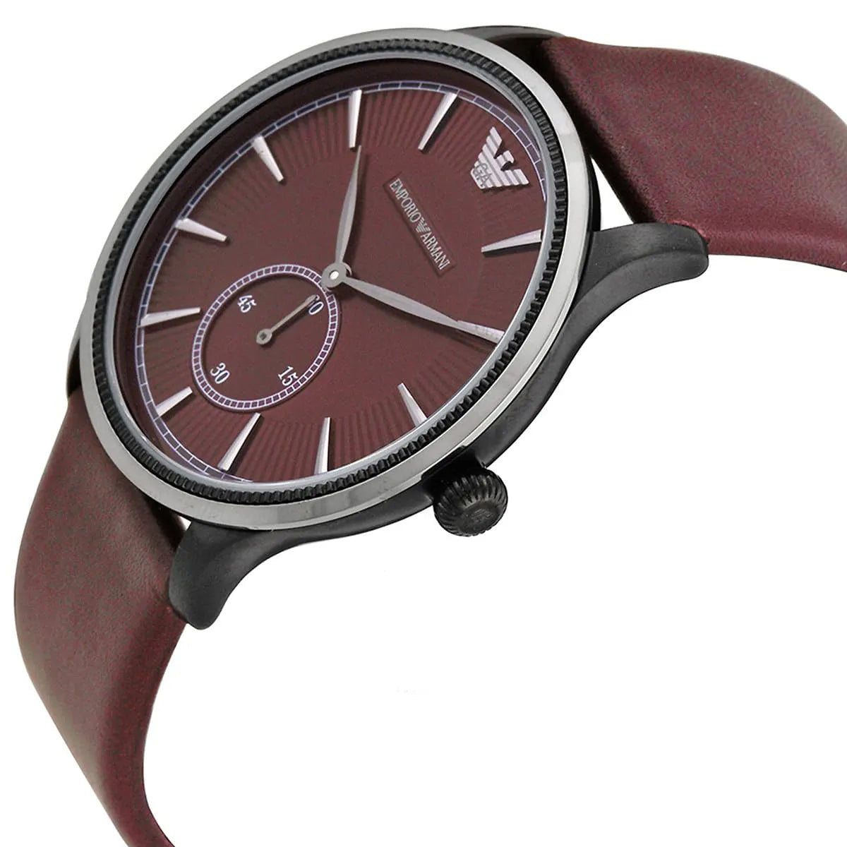 Emporio Armani Alpha AR1801 watch on wrist showing burgundy dial and brown leather strap