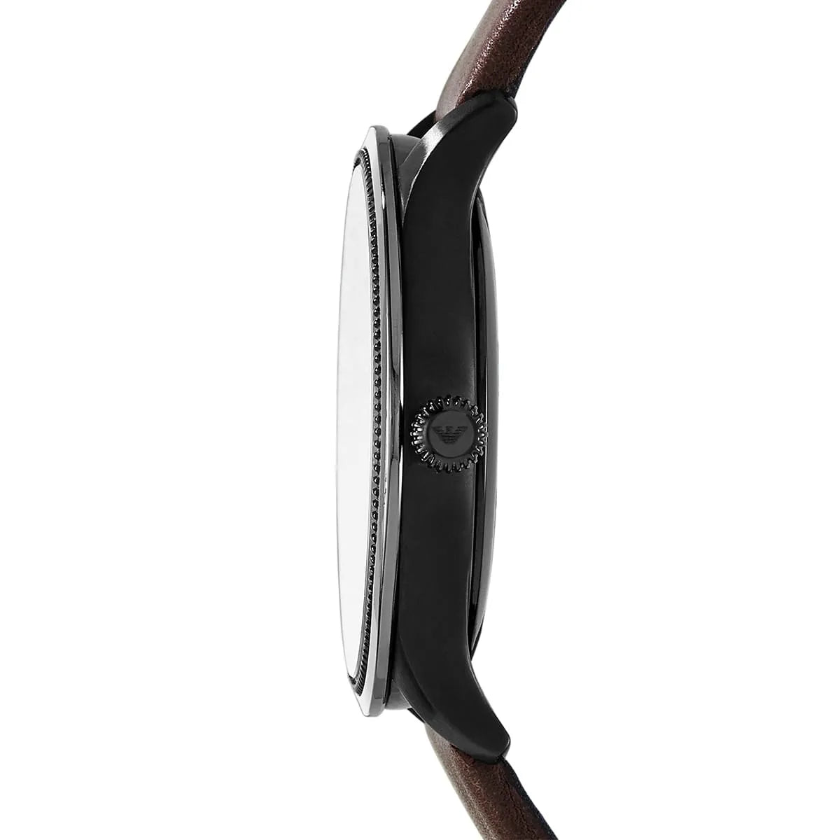 Side profile of Emporio Armani Alpha AR1801 watch showing case thickness and strap